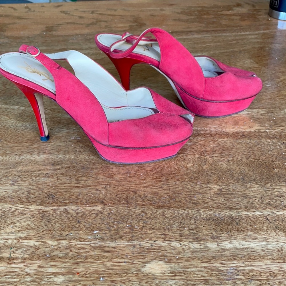 YSL Tribute Red Suede slingback platform sandals